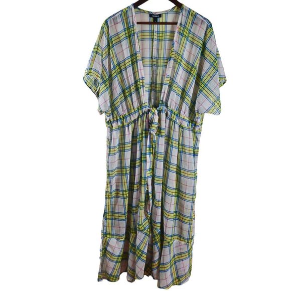 Torrid Plus Sz 1 Tie-Waist Plaid Duster Kimono Yellow Blue Pink Midi Cover-Up - Picture 5 of 13
